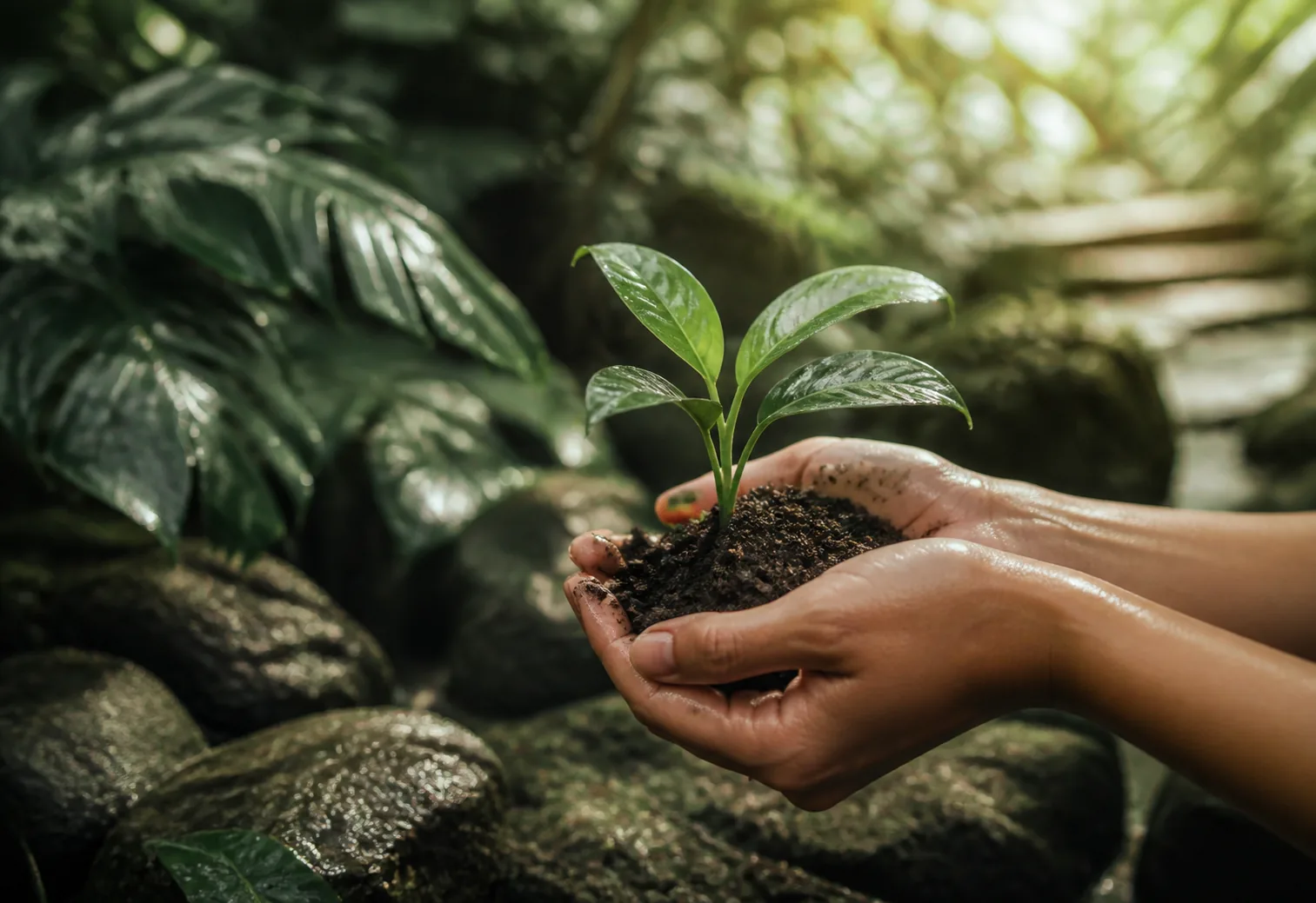 Manos sosteniendo una planta joven en un jardín tropical