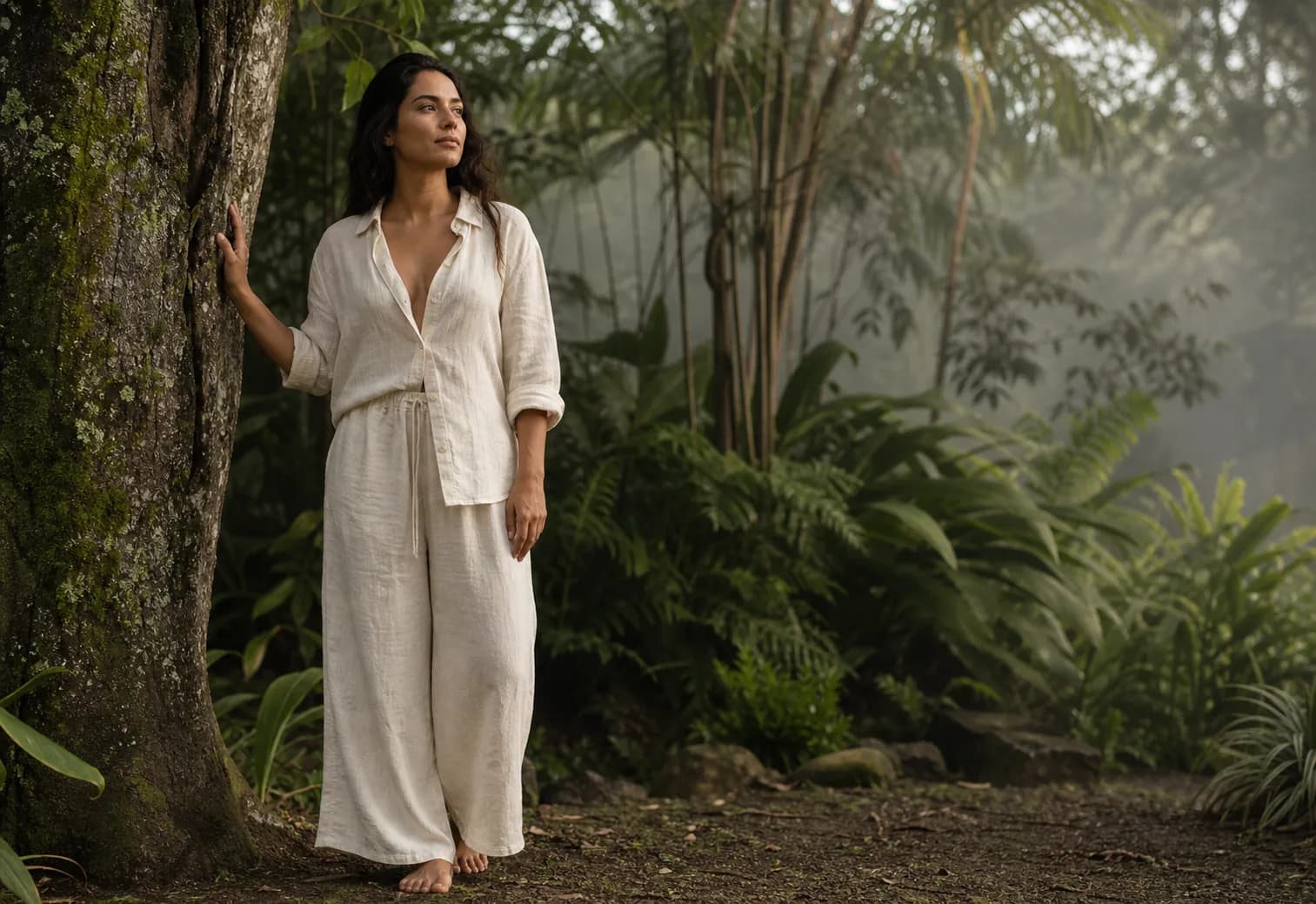 Mujer conectada con la naturaleza en un jardín tropical