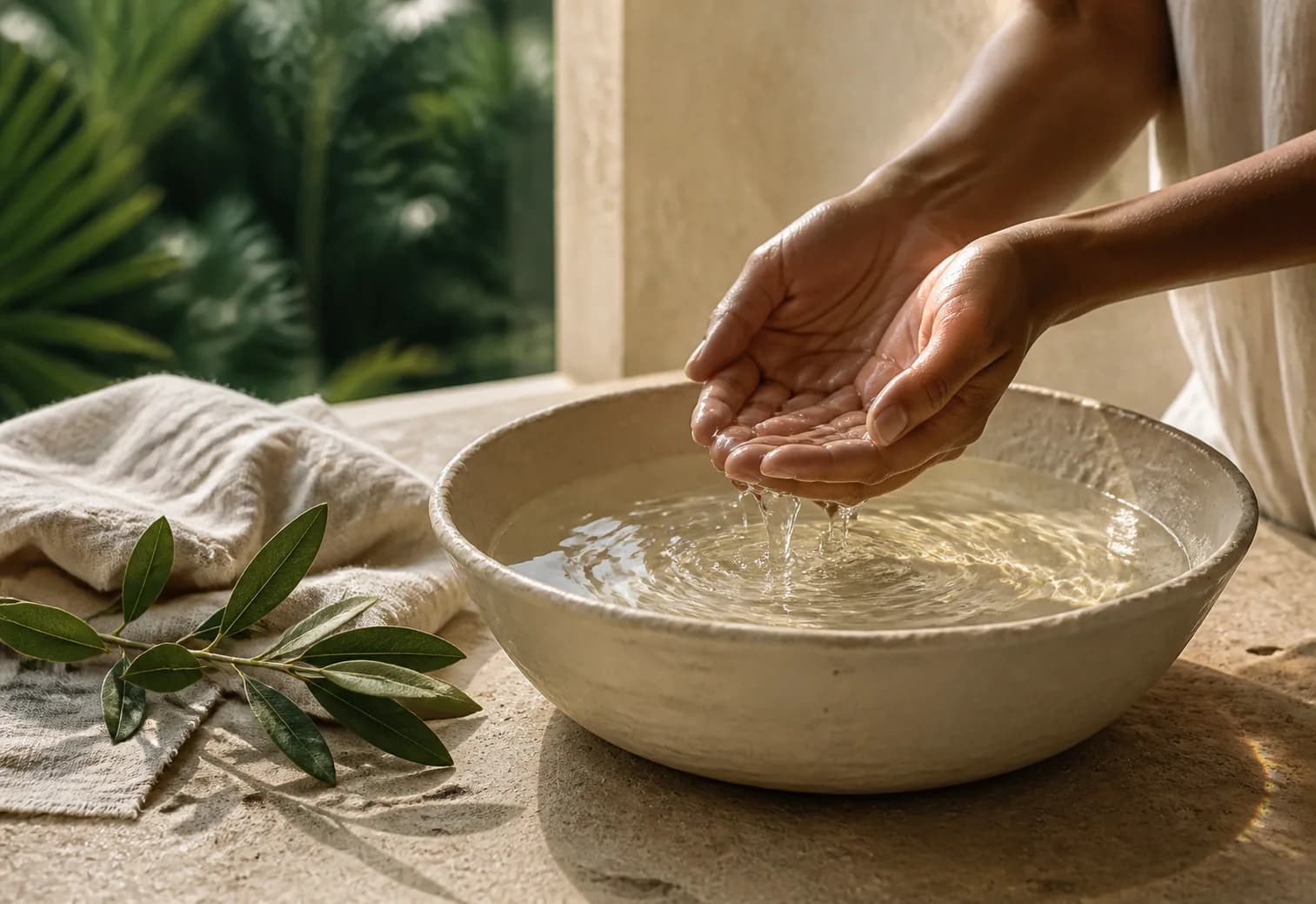 Manos en agua durante un ritual de cuidado esencial