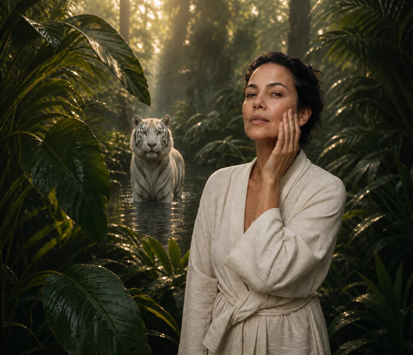 Mujer colombiana en su ritual de cuidado facial junto a un tigre blanco entre vegetación tropical