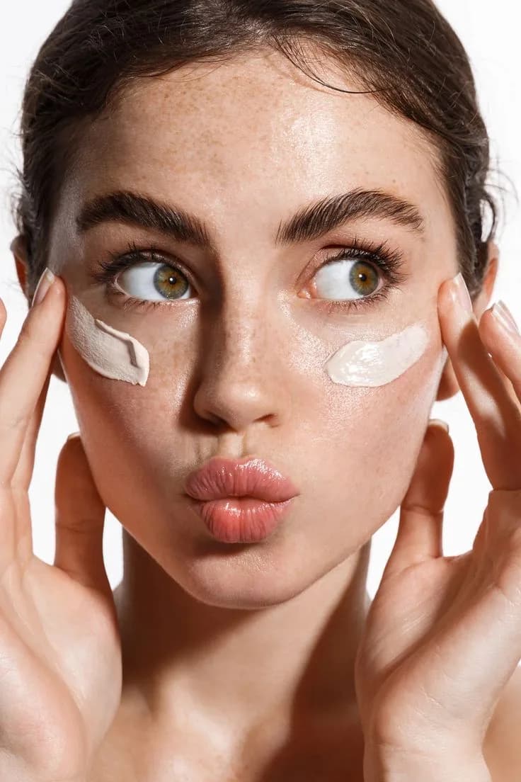 mujer utilizando skincare con crema en la cara
