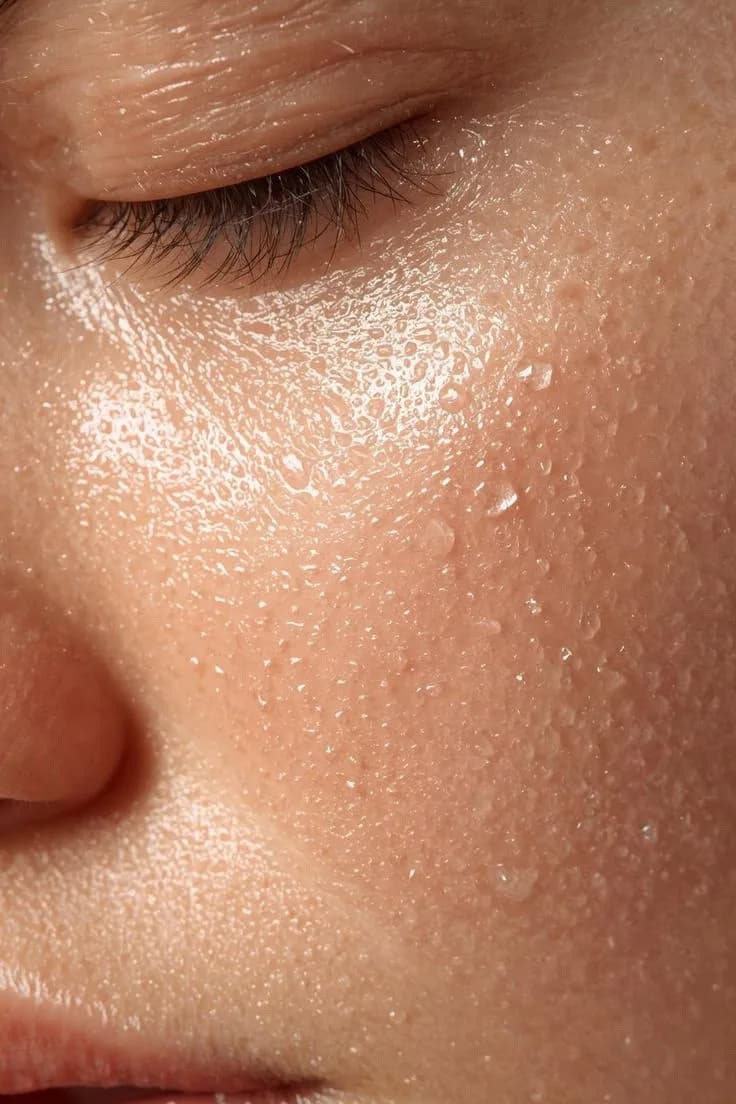 Hydration Glow A detailed close-up capturing fresh, water-kissed skin with a natural dewy finish. solyna